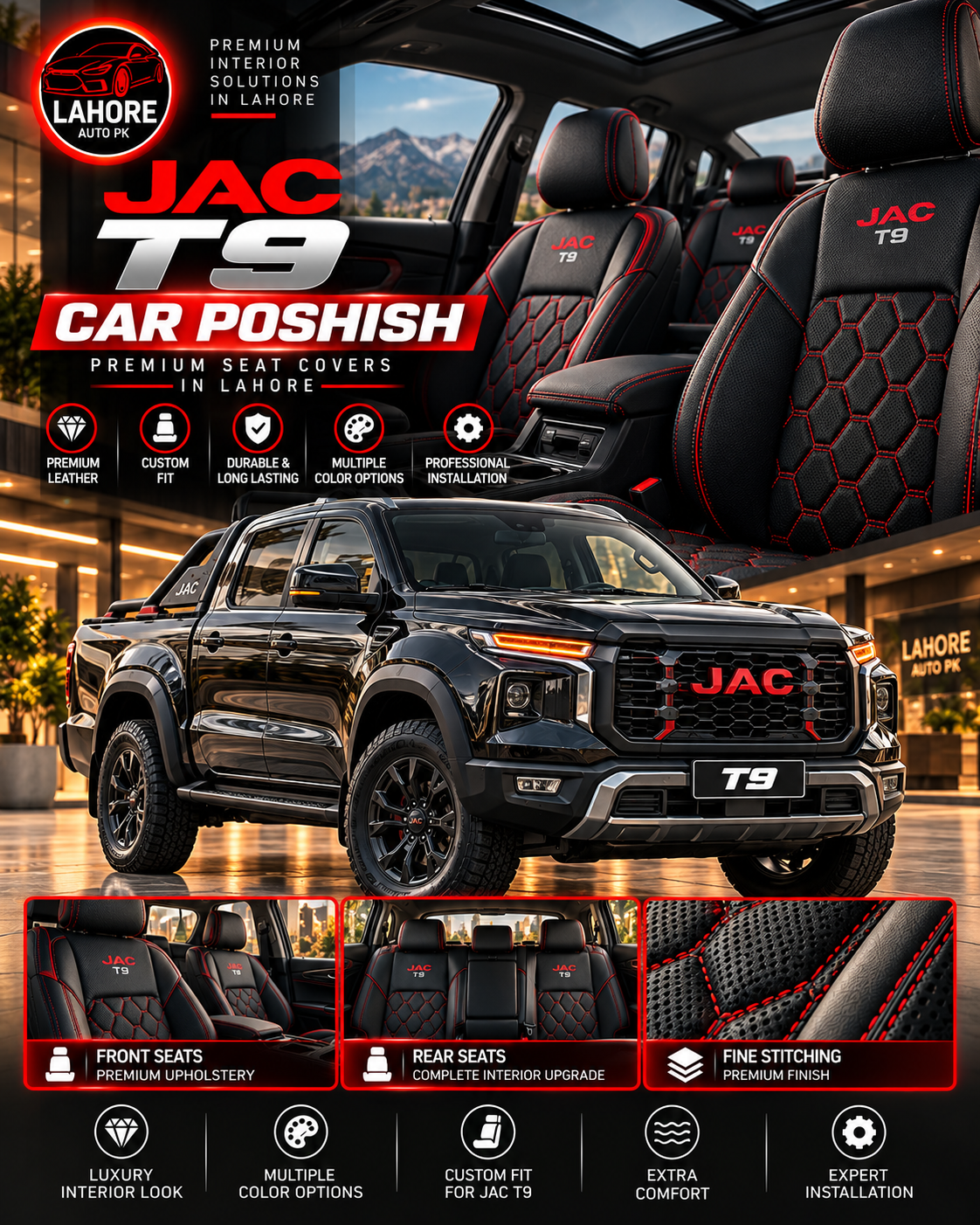 JAC T9 Car Poshish in Lahore – Premium Pickup Leather Seat Covers & Luxury 4x4 Interior